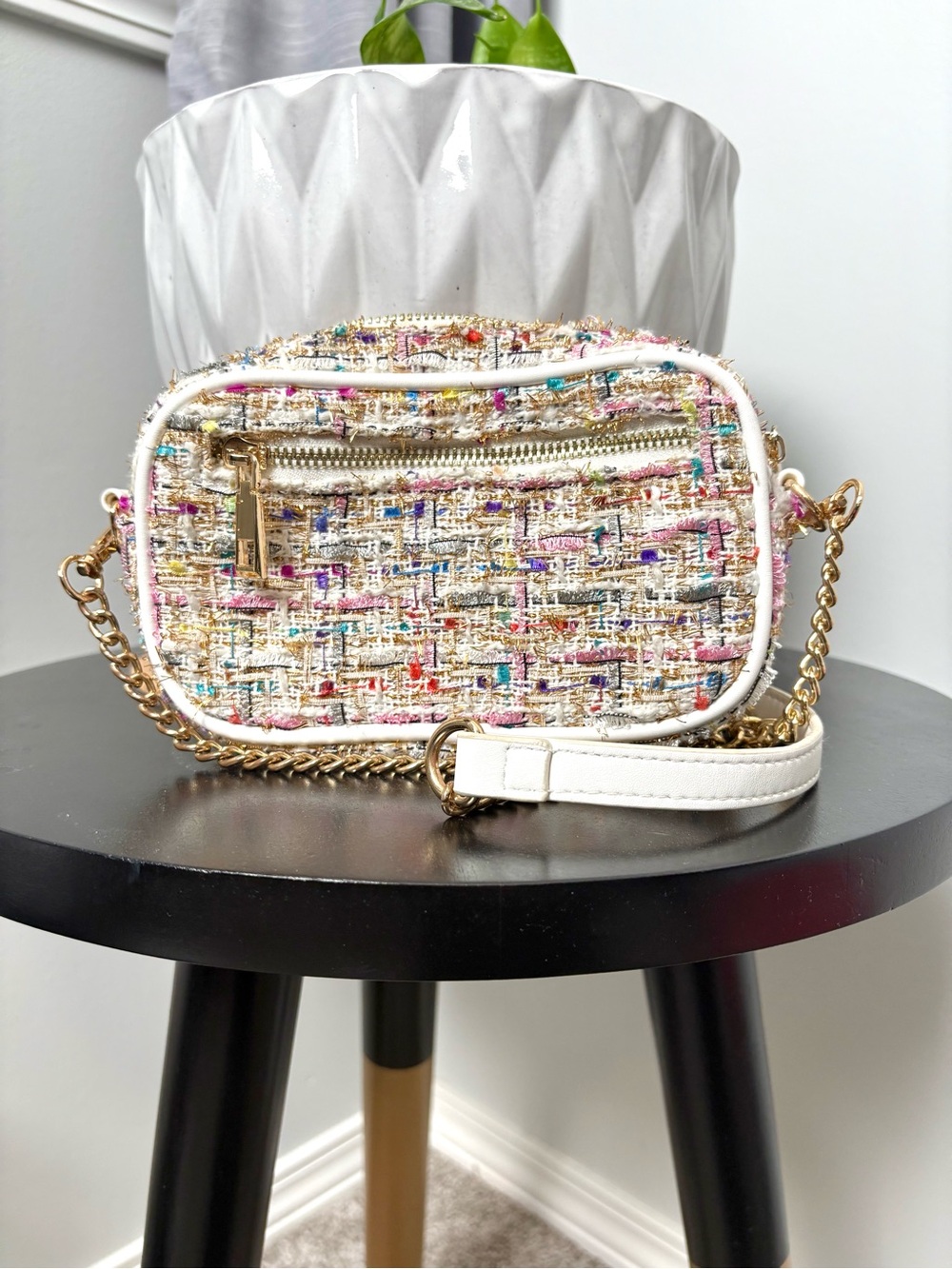 Ahdorned White Taylor Tweed Metallic Multicolor Crossbody Bag